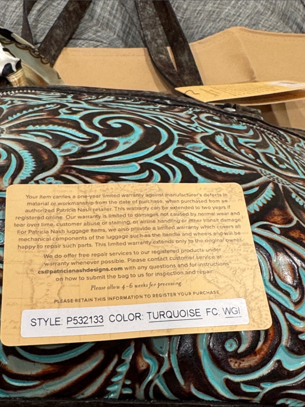 Patricia Nash Bag Tooled Turquoise Brown Leather Floral Embossed Tote NWT - Picture 12 of 17